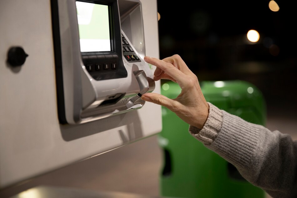 close up hand using machine